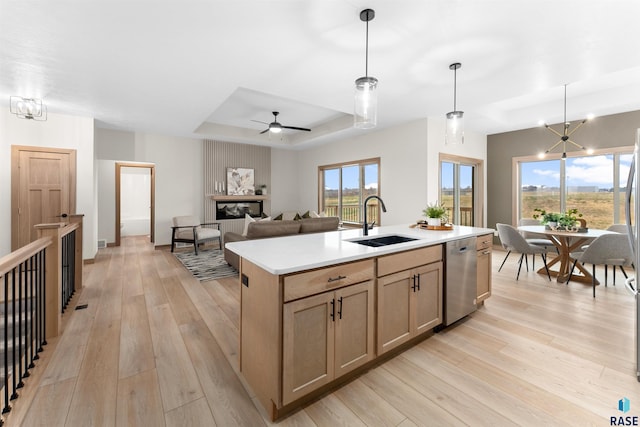 kitchen featuring stainless steel dishwasher, light wood-style floors, a raised ceiling, and a sink