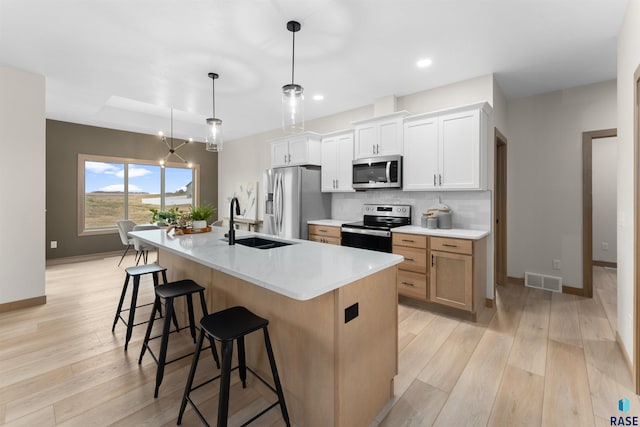 kitchen with a breakfast bar area, a sink, light wood-style floors, appliances with stainless steel finishes, and backsplash