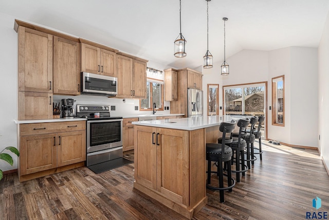 kitchen featuring lofted ceiling, a kitchen island, appliances with stainless steel finishes, and dark wood-type flooring