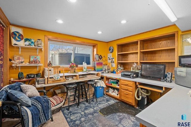 office area featuring ornamental molding, recessed lighting, and dark carpet