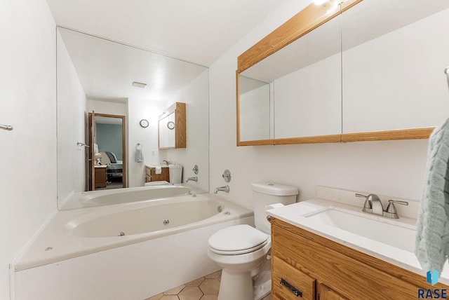 bathroom with tile patterned flooring, toilet, visible vents, vanity, and a tub with jets