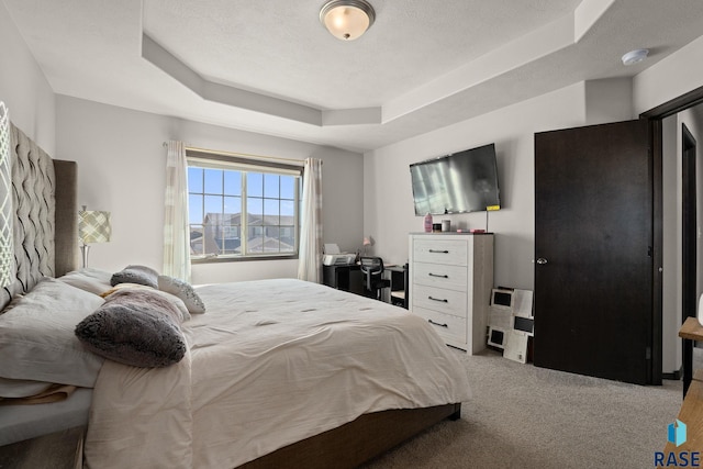 bedroom featuring a raised ceiling, carpet flooring, and a textured ceiling