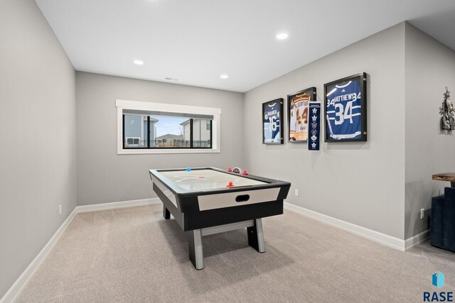 game room featuring recessed lighting, carpet flooring, and baseboards