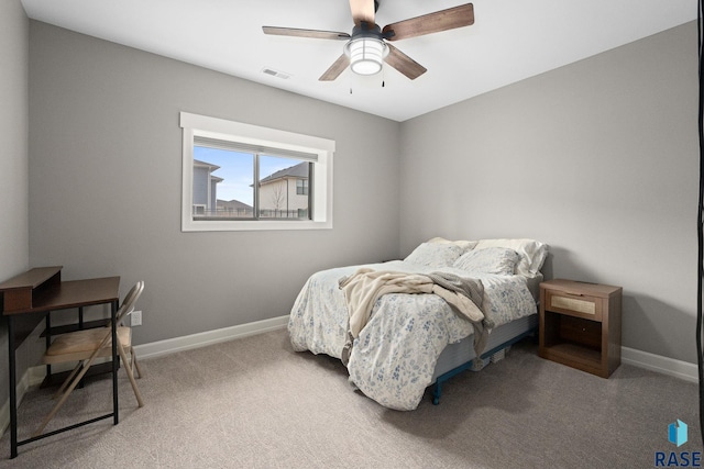 bedroom featuring carpet, visible vents, ceiling fan, and baseboards