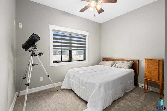 bedroom featuring carpet, baseboards, and ceiling fan