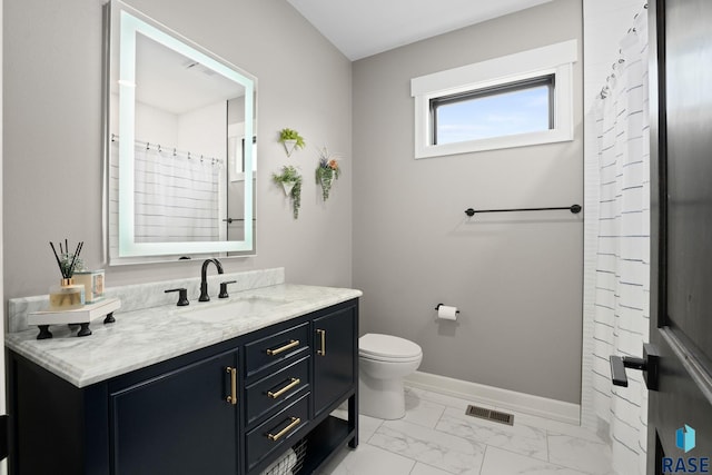 bathroom with marble finish floor, visible vents, toilet, vanity, and baseboards