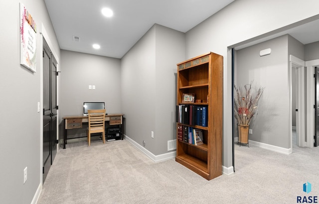 office area featuring recessed lighting, light colored carpet, visible vents, and baseboards