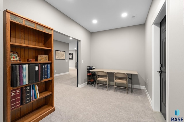 office area featuring baseboards, visible vents, carpet flooring, and recessed lighting