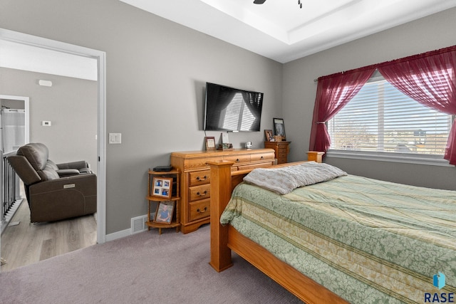 bedroom featuring a raised ceiling, visible vents, a ceiling fan, carpet flooring, and baseboards