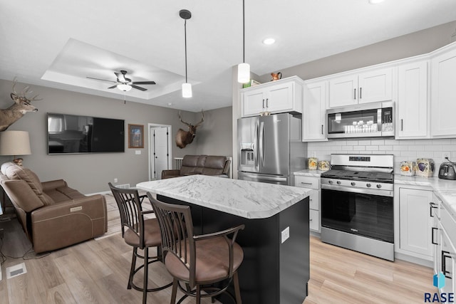 kitchen featuring stainless steel appliances, a tray ceiling, open floor plan, and a breakfast bar