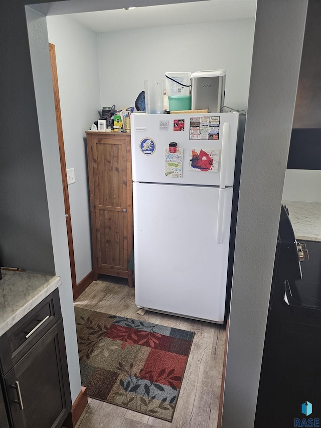 kitchen with baseboards, stove, dark cabinets, wood finished floors, and freestanding refrigerator