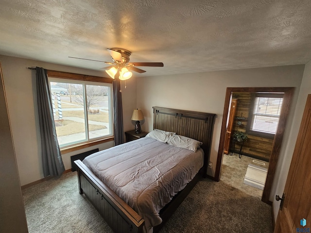 bedroom featuring a textured ceiling, carpet floors, multiple windows, and baseboards