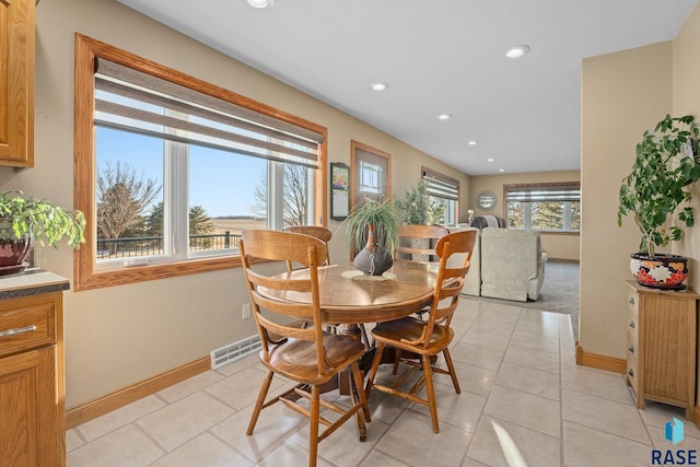 dining room with recessed lighting, visible vents, baseboards, and light tile patterned floors