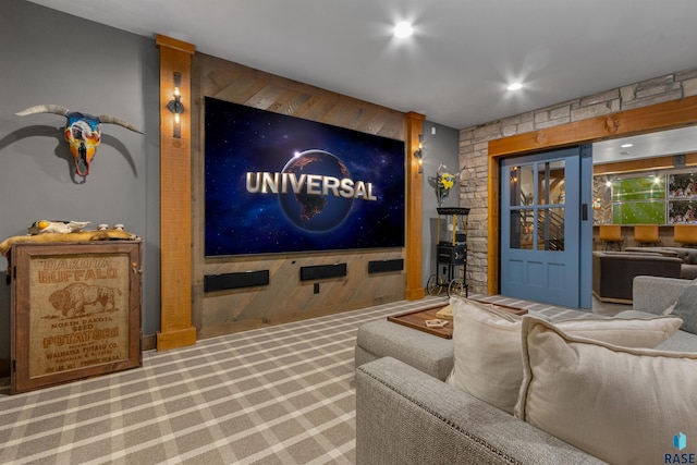 carpeted home theater with recessed lighting