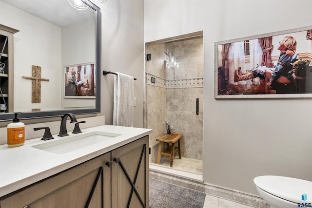 full bathroom featuring a stall shower, vanity, and toilet