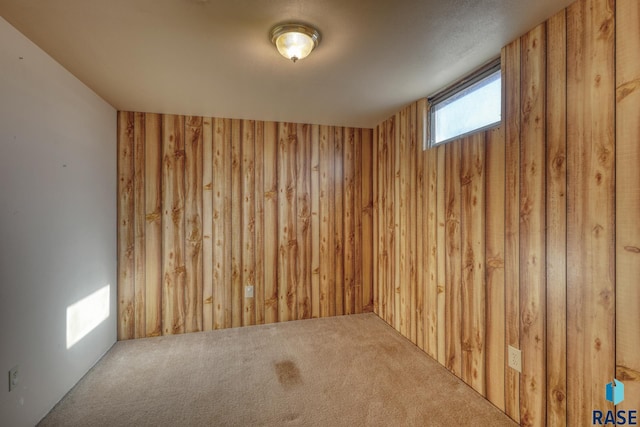 spare room featuring carpet and wood walls