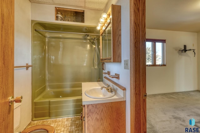 full bath featuring shower / bath combination with curtain and vanity