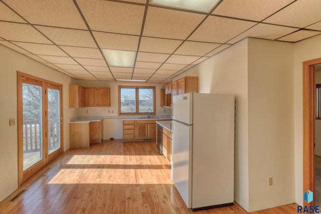 kitchen featuring light wood-style floors, a sink, and freestanding refrigerator