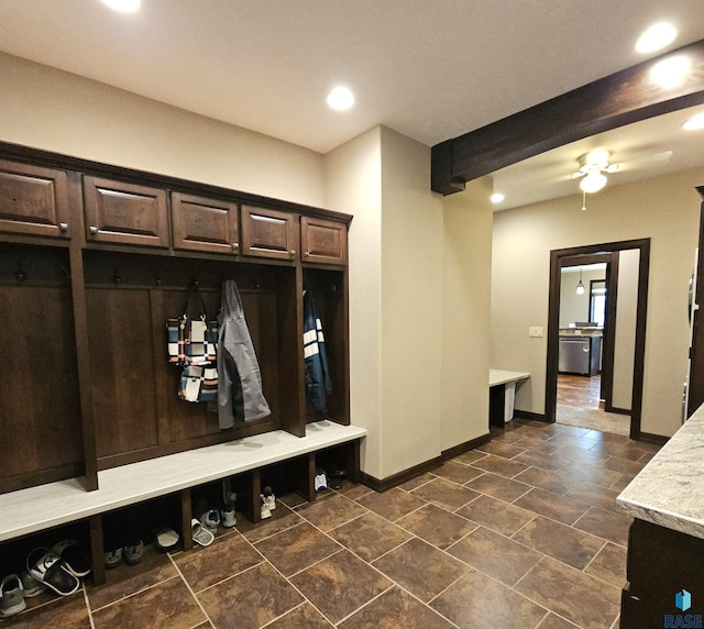 mudroom featuring a ceiling fan, beamed ceiling, recessed lighting, and baseboards