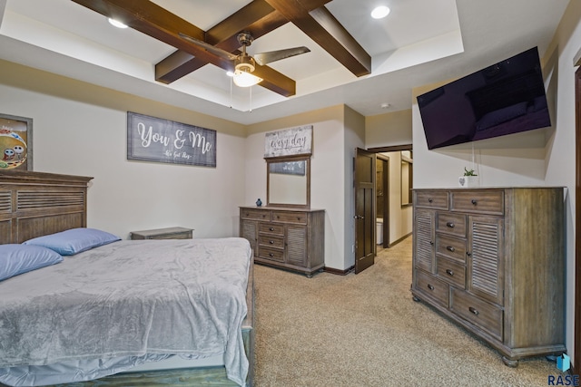 bedroom with baseboards, light carpet, beam ceiling, recessed lighting, and coffered ceiling