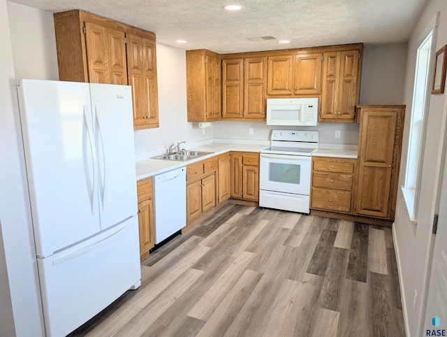 kitchen featuring light countertops, light wood-style floors, a sink, a textured ceiling, and white appliances