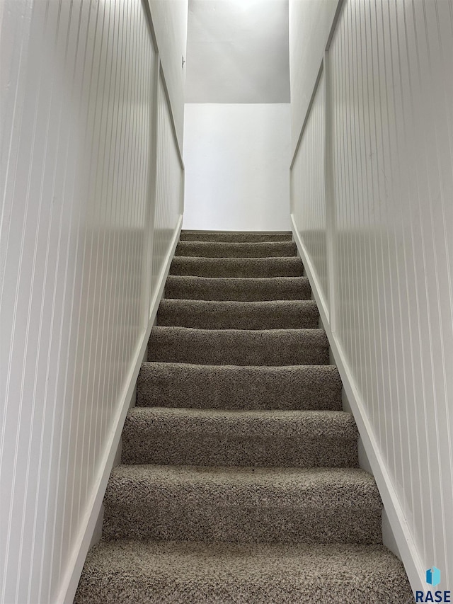 stairway featuring carpet flooring