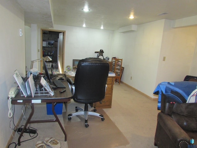 home office with recessed lighting, visible vents, baseboards, and carpet floors