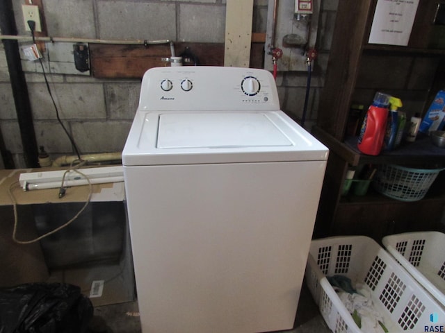 laundry area with washer / clothes dryer, concrete block wall, and laundry area