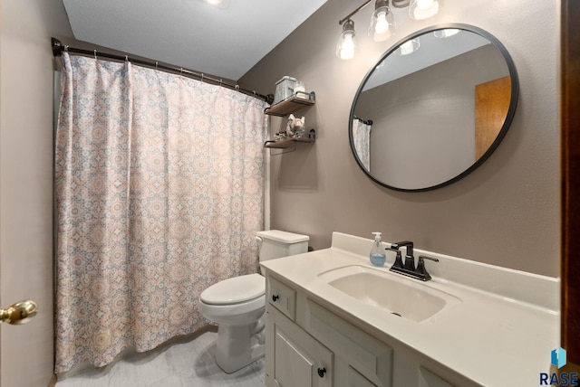 bathroom with a shower with shower curtain, toilet, and vanity