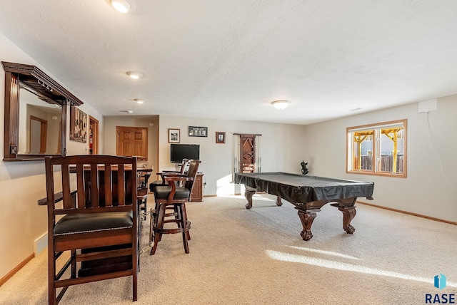 game room featuring baseboards, a textured ceiling, billiards, and carpet flooring