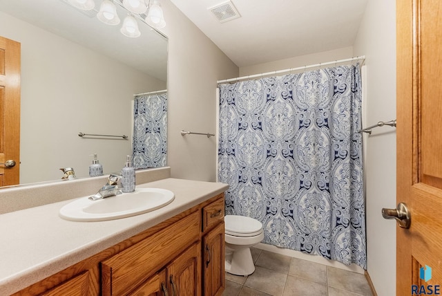 bathroom featuring tile patterned flooring, visible vents, toilet, a shower with shower curtain, and vanity