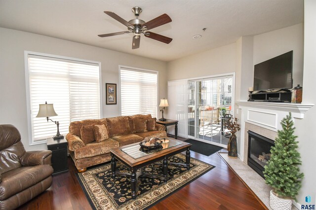 7434 S Louise Ave Unit 103, Sioux Falls, SD 57108 - living room with plenty of natural light, a ceiling fan, wood finished floors, and a fireplace