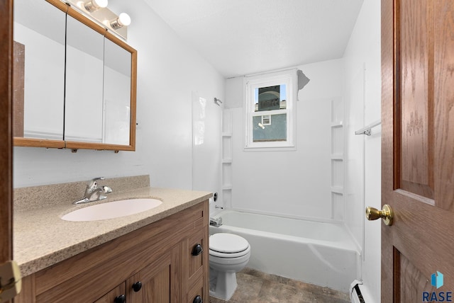 full bath with vanity, washtub / shower combination, a baseboard radiator, a textured ceiling, and toilet