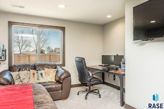 office featuring recessed lighting, carpet flooring, baseboards, and visible vents