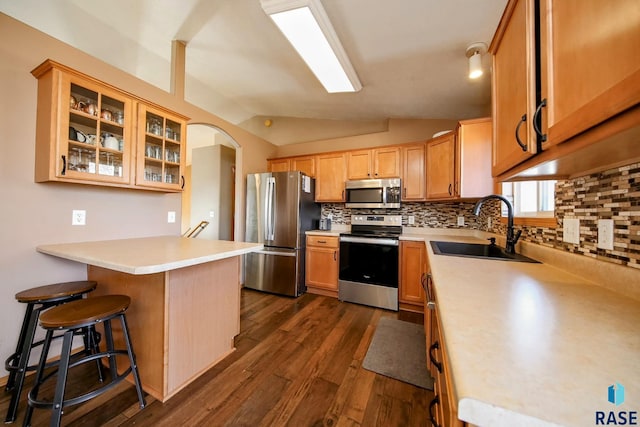 kitchen with a sink, arched walkways, appliances with stainless steel finishes, a peninsula, and vaulted ceiling