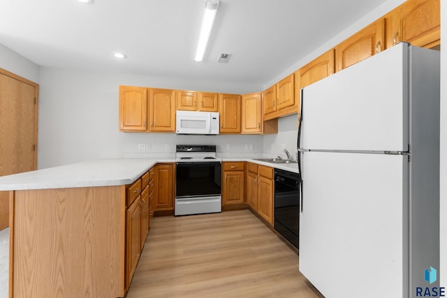 kitchen with light wood-type flooring, a sink, white appliances, a peninsula, and light countertops