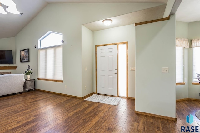 foyer with lofted ceiling and wood-type flooring