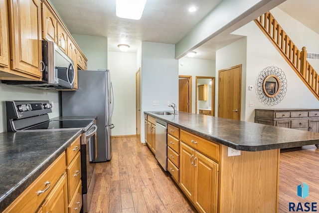 kitchen with a sink, stainless steel appliances, dark countertops, and a peninsula