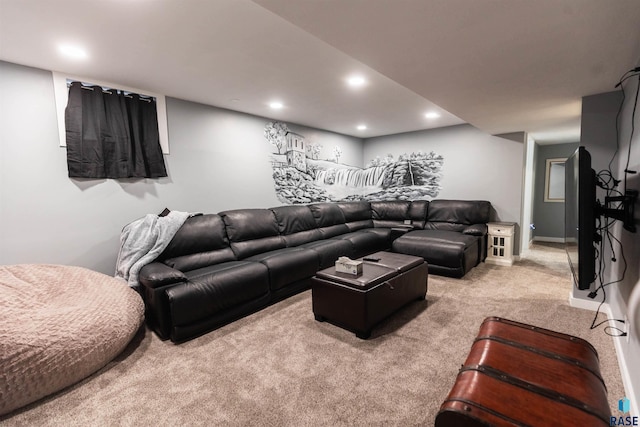 living room with carpet flooring, recessed lighting, and baseboards