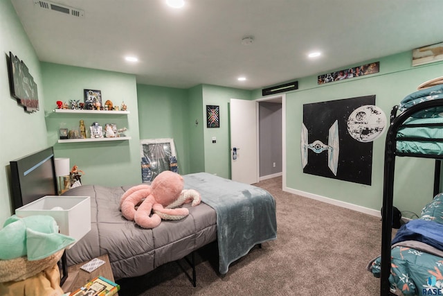 bedroom featuring carpet flooring, recessed lighting, visible vents, and baseboards