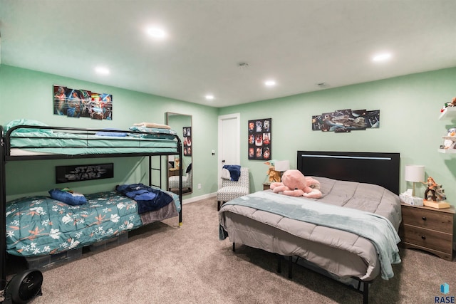 carpeted bedroom featuring visible vents, recessed lighting, and baseboards