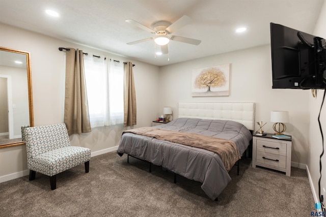 carpeted bedroom with recessed lighting, a ceiling fan, and baseboards