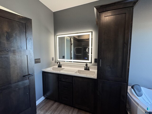 full bathroom featuring a sink, baseboards, wood finished floors, and double vanity