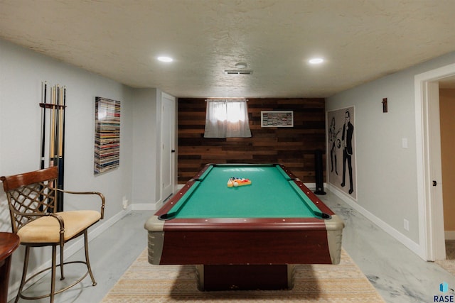 recreation room featuring wooden walls, recessed lighting, pool table, and baseboards