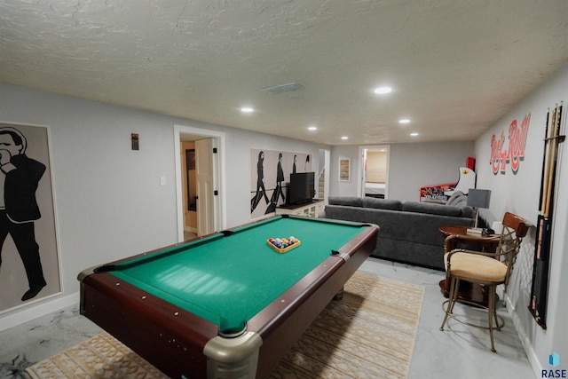 playroom featuring baseboards, recessed lighting, pool table, a textured ceiling, and marble finish floor