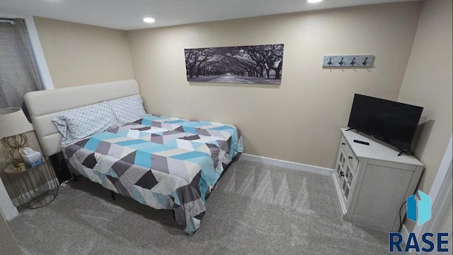 bedroom featuring recessed lighting, baseboards, and carpet floors