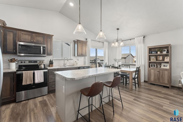 kitchen featuring dark brown cabinetry, appliances with stainless steel finishes, wood finished floors, and a sink