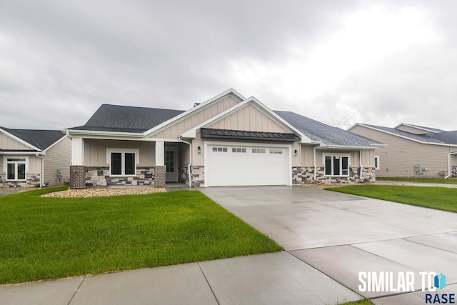 craftsman inspired home featuring a garage, stone siding, board and batten siding, and a front lawn