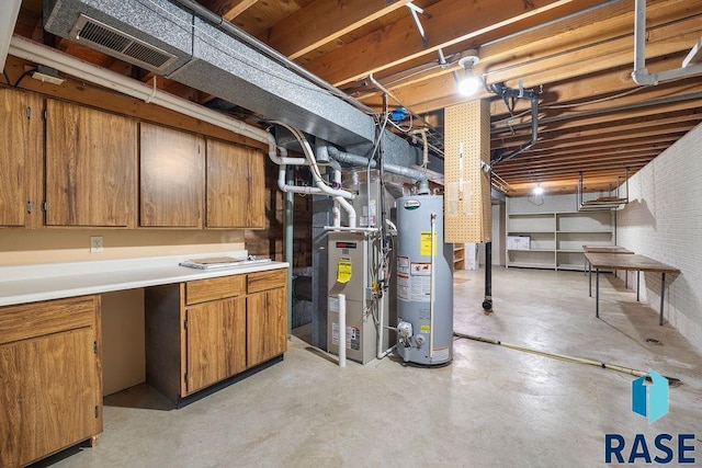 unfinished basement with visible vents, heating unit, and water heater