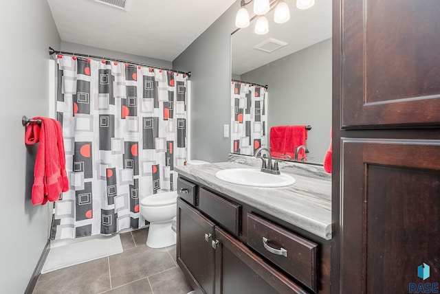 full bathroom featuring visible vents, a shower with curtain, toilet, tile patterned flooring, and vanity